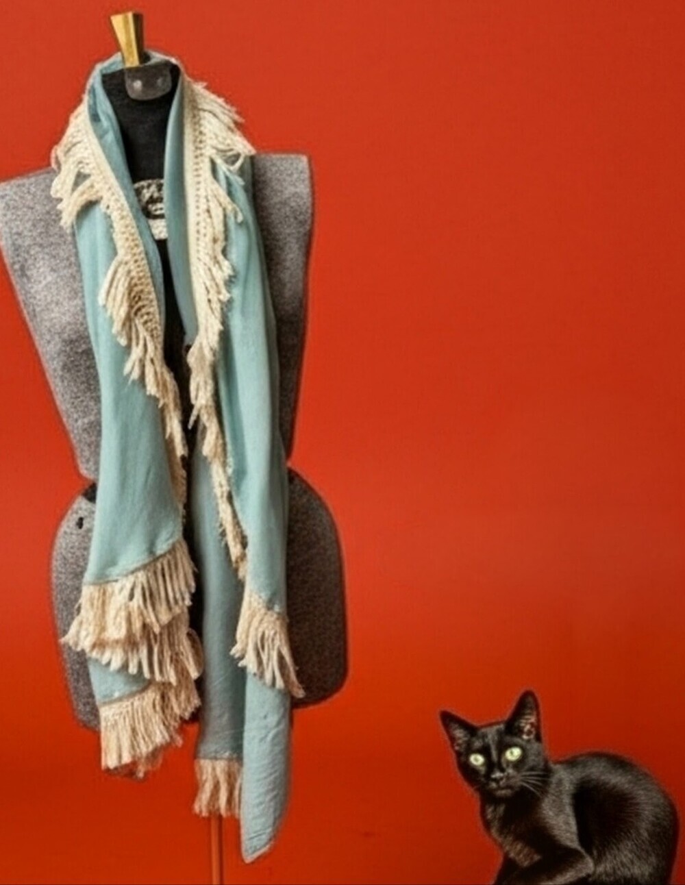 Light Blue 100% Cotton Semi Sheer Demi-Lune Half Moon Fringe Shawl Scarf Wrap